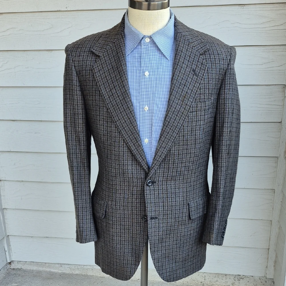 OXXFORD Green Grey Tan Plaid Houndstooth Weave Tweed Sz 40 R Mens Sport Coat VTG